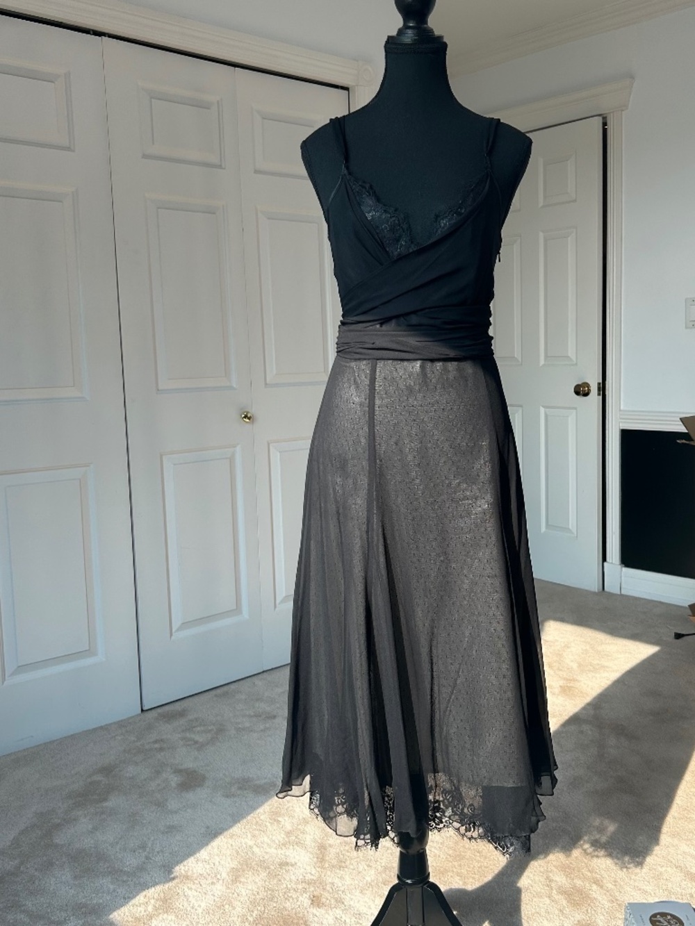 Stills Black Silk & Lace Midi V-Neck & Sheer Mesh Overlay Dress Size 8 EUR 38